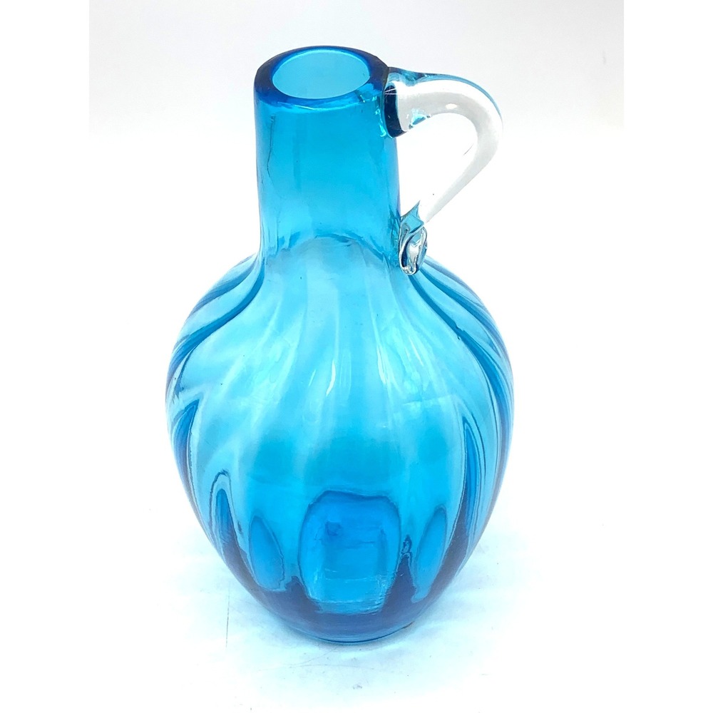 Hand Blown Glass Pitcher Turquoise Blue Optic Rib Applied Handle Carafe 9.5in